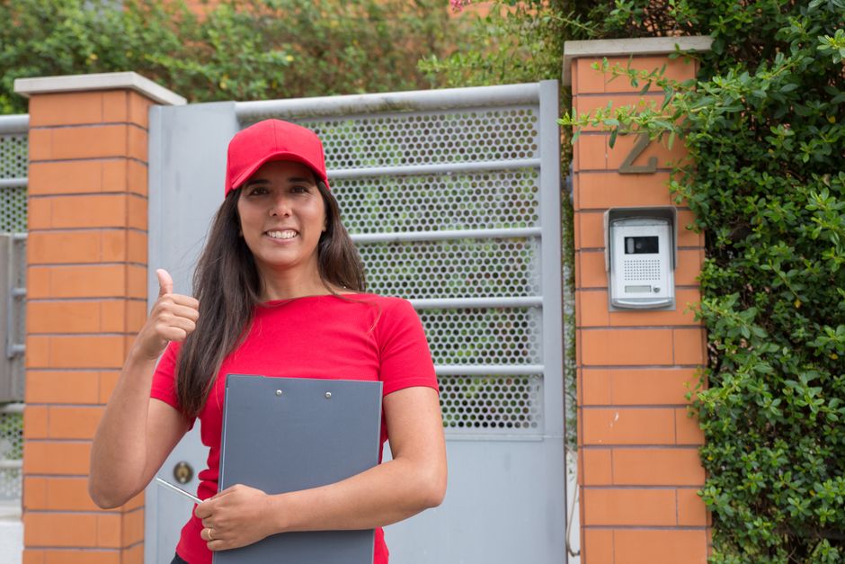 A delivery person with long dark hair, wearing a red cap and matching red shirt, is standing outside in front of a brick and metal gate, smiling and giving a thumbs-up gesture. She is holding a gray c
