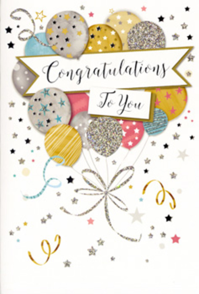 In the image, a beautifully decorated congratulations card stands on a flat surface, presenting a design that feels like an intimate celebration in paper form. At the centre of the card, a generous cluster of balloons forms a softly domed shape, rising upward from the lower section like a festive bouquet you might carry along Charlton's leafy streets after good news. The balloons are rendered with smooth, rounded outlines and gentle shading, suggesting a slight gloss as though the light were glancing off real foil balloons. The colour palette is composed of muted, elegant tones: champagne gold, cool silver, soft sky blue, subdued blush pink, and pale grey, with subtle variations that keep the eye exploring. Each balloon bears a different decorative motif-some sprinkled with tiny, star-like flecks, others brushed with glittery highlights or lined with slender stripes-giving the impression of tactile variety while staying visually harmonious. Slender metallic ribbons in gold and silver unfurl from the base of the balloons, looping and curling across the lower half of the card like decorative streamers laid out after a party near Charlton House. Cutting across the middle is a wide, gently arched banner, shaded so it appears to sit lightly atop the balloons. On this banner, the phrase Congratulations To You is written in elegant, flowing script that feels celebratory but sincere, as if it were penned for a specific person. The background is a soft off-white, dotted with tiny stars, confetti spots, and swirling accents in metallic tones that echo the sparkle of the balloons without creating clutter. The composition is airy and balanced, radiating a sense of joy, pride, and polished charm. From a florist's perspective, it is the perfect card to accompany a hand-tied bouquet for graduations, exam successes, promotions, or new beginnings throughout Charlton, adding a graceful visual note to moments of real achievement.