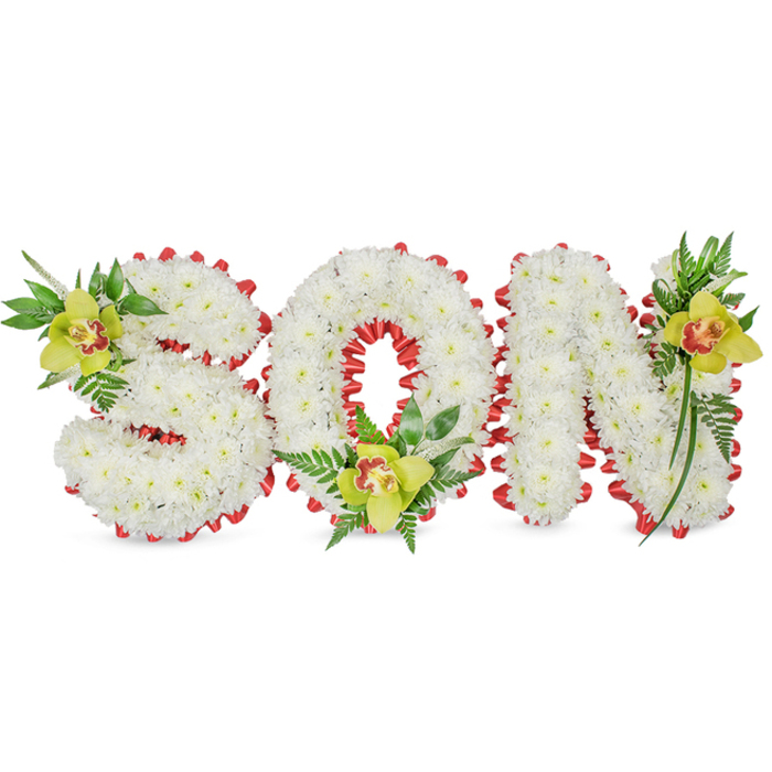 Carefully photographed against a clean white studio background, this commemorative arrangement spells out SON in large, sculpted letters composed of compact white chrysanthemums, their small petals creating a uniformly soft, clouded texture that conveys purity and calm. Each letter is defined by a continuous ribbon of bright red, expertly folded into a scalloped edge that skims the chrysanthemum surface and provides a measured, resonant contrast to the white. Anchoring the composition are three yellow-green Cymbidium orchids, positioned with intent at the S, the O's inner curve, and the N, each orchid showing a delicate reddish-brown blush in its throat and surrounded by glossy leaves and fine fern fronds that add height, movement, and a sense of natural reassurance. The visual rhythm is deliberate: round, quiet chrysanthemums forming the body; ribbon forming a steady outline; orchids and foliage punctuating the letters with living colour. Soft, even lighting preserves the chrysanthemum whiteness while allowing the orchids' waxy texture and the ribbon's sheen to register as tactile focal points. Emotionally, the piece reads as a solemn but warm tribute suitable for funeral, memorial or graveside placement, intended to express love and remembrance for a deceased son without overt sentimentality. As a Charlton-based florist familiar with local services around Charlton House and the riverside chapels near the Thames, I picture this arrangement set on a memorial plinth or beside a family photograph, offering a clear, carefully crafted message that holds its dignity in any setting.