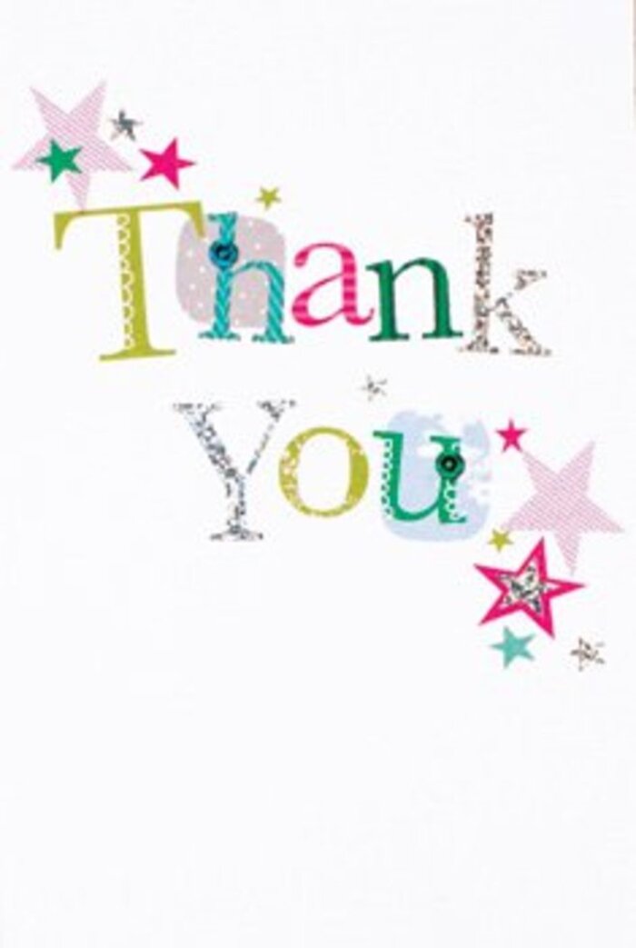 Graceful and exuberant in equal measure, this thank you card resonates with the gentle but lively character of Charlton's leafy streets and welcoming cafés. Each letter in the phrase 'Thank You' is artfully arranged-some decorated with whimsical spots, others winding into playful curves that catch the eye. The palette is vibrant, with shades of lime green, deep fuchsia, and tranquil blue enhanced by flashes of silver, much like the flowering borders found around Charlton Park. Near the message, clusters of stars in pink, turquoise, and metallic shimmer seem to bless the words with extra good cheer, reminiscent of festive lights after dusk in the village square. The composition is breezy and modern-the crisp white background gives the design space and clarity, reflecting the open feeling of a well-lit florist shop. There's a sophisticated ease about the card, approachable but never ordinary, making it ideal for expressing heartfelt thanks in any scenario. Paired with a fresh bouquet from a Charlton florist, it tells a story of gratitude as radiant and memorable as a shared afternoon beneath the trees of Charlton.