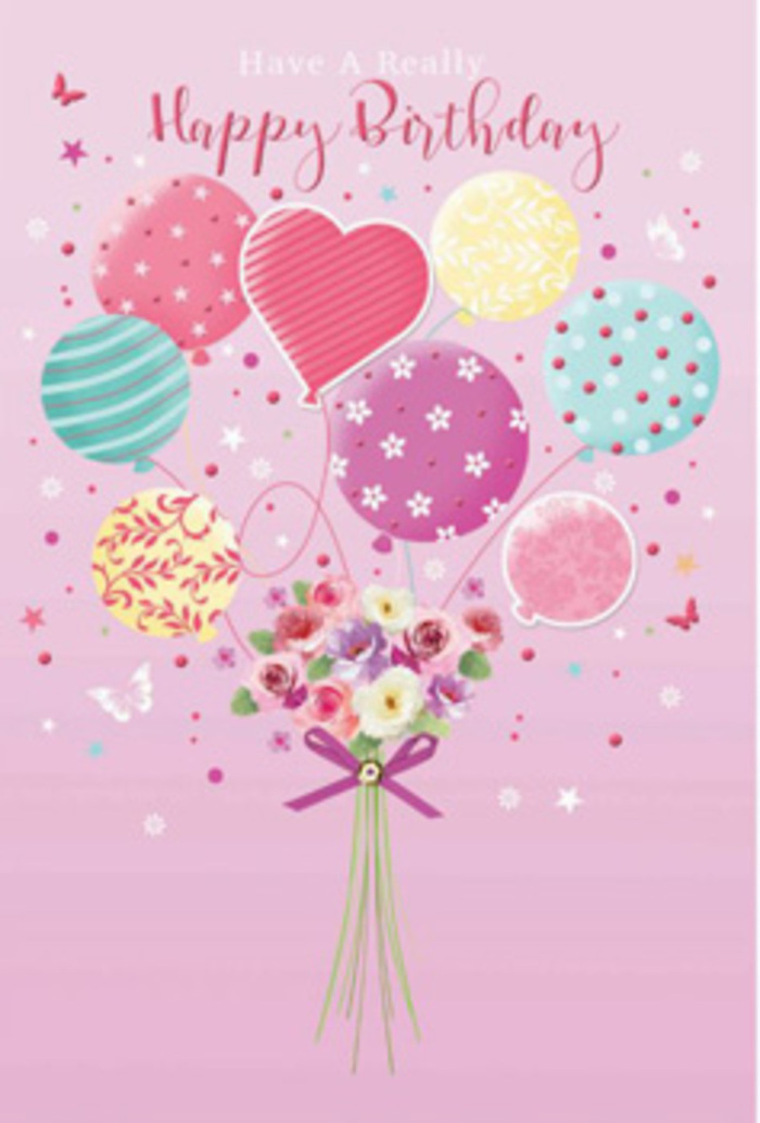 Illustrated birthday card artwork that combines pastel balloons and a petite flower bouquet, styled with a sense of cosy celebration reminiscent of a Charlton back-garden party. The background is suffused with a warm blush-pink tone, creating a soft canvas for a cluster of balloons that rise from the centre. Their colours are gentle and harmonious-pale sunshine yellow, soft rose, lavender, and cool teal blend as they overlap, each balloon given a distinct pattern. Spiralling ribbons wrap around some, while others sparkle with polka dots or delicate floral prints, and one heart-shaped balloon gleams softly, suggesting love and special wishes. The balloons are visually anchored by a compact bouquet at the base, featuring roses and daisy-like flowers in cream, blush pink, and muted mauve. Each petal is shaded to give a sense of depth and velvety texture, like freshly cut blooms arranged on a workbench at Charlton Flowers before heading out for delivery. The stems are invisibly gathered within a luminous purple bow, whose satin loops and trailing ends add a touch of polished elegance. Around the bouquet and balloons, tiny butterflies and small stars drift lazily, as if caught in a gentle breeze. Light appears to fall evenly over the whole composition, catching subtle highlights on the balloons and the soft curves of the petals. Together, these elements create an image of understated yet joyful celebration, perfectly suited to a birthday greeting that is meant to feel thoughtful, tender, and delightfully light-hearted.