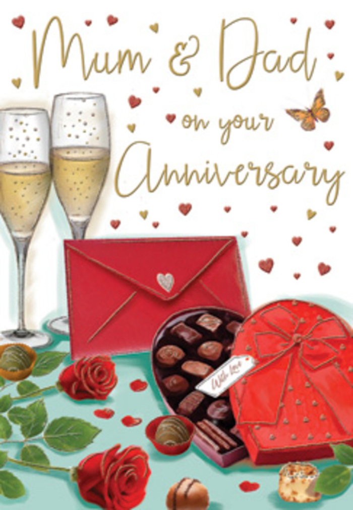 This illustrated anniversary card unfolds like a small scene of celebration laid out on a dining table in a Charlton home, captured at the exact moment before the evening begins. In the background stand two tall champagne flutes, sketched with graceful stems and gently rounded bowls. They are filled with pale gold champagne, and the artist has frozen the ascent of tiny bubbles as they rise, creating an impression of expectant joy, as though Mum and Dad are just about to raise their glasses. In front sits a deep red, heart-shaped box of chocolates, its lid propped open to reveal an orderly array of gleaming truffles, shaded in soft browns and dark cocoa tones. A bold, scarlet bow rests on top, its rich ribbon curling in generous loops that appear almost three-dimensional, like the finishing touch to a carefully chosen gift. A few chocolates lie scattered casually nearby, suggesting the first sweet tastes of the evening have already been shared. To one side, two red roses stretch across a bed of glossy green leaves, their velvety petals drawn with layered, almost touchable detail. The blooms convey the same fresh, romantic beauty a florist would seek when creating an anniversary bouquet for a delivery around SE7. A bright red envelope, sealed and neatly positioned, implies a card within the card - a personal note of thanks, perhaps recalling years spent raising a family close to Maryon Park or trips through the village. Surrounding it all, glimmering gold and crimson hearts float across the background, framing the hand-lettered Mum & Dad with a soft halo of affection. The entire composition radiates warmth, comfort, and the simple luxury of marking another year of shared life together in Charlton.