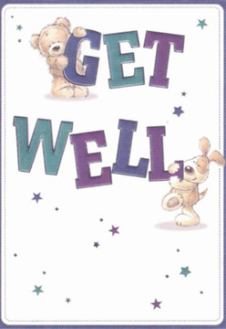 A gentle wave of comfort sweeps across this endearing get well card, a scene resonant with the warmth found in Charlton's tight-knit neighbourhoods. The illustration bursts with character: a lovable teddy bear perches atop the magenta-washed 'GET,' sharing a glance of steadfast encouragement, while a cheery puppy wraps itself about the teal-toned 'WELL,' exuding hope and friendly support. A flurry of stars in gem-bright blues and purples flit across the creamy background, sparkling like well-wishes sent from friends in Maryon Park or along Charlton Church Lane. The plush, expressive texture of the duo's fur hints at the tactile joy familiar to anyone sending or receiving fresh flowers from Charlton Flowers. The composition exudes the kind of lightness and genuine warmth a florist brings to every handcrafted bouquet; each line and hue intended to soothe and invigorate. Like a thoughtfully tied posy delivered to a recuperating friend, this card radiates a blend of cheerfulness and care, lifting spirits with every detail.