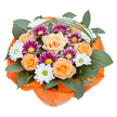 Full of radiance, warmth, and community spirit, this locally arranged bouquet from Charlton stands as a visual celebration on a pure white stage. Its generous centrepiece spotlights lush roses that blend seamlessly from gentle, creamy peach to lively orange, their unfurling petals soft as new beginnings. Tucked closely, clusters of white, daisy-like chrysanthemums introduce freshness and purity, while bold magenta and purple chrysanthemums, with distinctive lime-green centres, provide lively bursts of sophisticated colour. Lush dark green leaves, rich and glossy, fill the bouquet's circumference, mirroring the natural abundance found in nearby Charlton Park. A single, slender sweep of bear grass draws a light, elegant arc overhead, adding both structure and modern appeal. The display's base is finished with a cheerful wrapping of crinkled, translucent bright orange paper, injecting another note of joy and making the bouquet a perfect gift for any season-be it for a milestone near Maryon Wilson Park or a spontaneous surprise for neighbours along The Village. Crafted with care by florists immersed in Charlton's vibrant community, each element is selected for freshness and harmony, ready to uplift and inspire with every glance and scent.