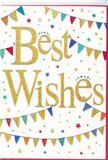 This congratulations card carries a sense of gentle celebration, as if it were sketched during a sunny afternoon overlooking the greenery of Charlton. At the centre, the words Best Wishes are rendered in generous, swirling gold script, the metallic finish subtly reflective and slightly raised, inviting touch as much as sight. The warm gold contrasts elegantly against a clear white background, making the message feel confident yet kind. Above and below, strings of bunting curve across the card like soft smiles. Each triangular flag offers a flash of colour-bold primary reds and blues, fresh spring greens, golden yellows, and occasional softer tones-some left as solid blocks of colour, others brought to life with delicate stripes, spots, or tiny patterned details that suggest careful, personal crafting. These bunting strands frame the central text without crowding it, creating the impression of a party scene captured in a quiet moment. Sprinkled lightly across the remaining white space are small stars and rounded confetti dots, echoing the colours of the flags. They read like fragments of joy, as if a handful of confetti has just been thrown at a doorstep celebration for a new job or new home near Charlton Park. The overall layout remains spacious and airy, with enough white space to keep the design feeling modern and uncluttered, while still clearly festive. It's a versatile card, perfect to accompany a bouquet delivered across SE7 for promotions, engagements, exam success, or any milestone where you want to send a warm, sincere, and visually cheerful well done without overwhelming the moment.