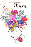 This Mother's Day card shows a spirited, watercolour bouquet that seems to dance above a simple vase, echoing the relaxed charm of floral displays in homes around Charlton. At its core, generous blossoms in vivid pink, cerise, and magenta create a lush focal point, their rounded forms layered with translucent washes of colour that suggest full, velvety petals. Indigo outlines and deeper strokes define the contours of these flowers and their stems, lending a touch of structure amid the gentle blurring typical of watercolour. Interspersed among the bold blooms are cooler notes of lilac, pale blue, and soft green, with occasional hints of apricot adding warmth, much like the varied hues seen in spring bouquets travelling along Charlton Church Lane in the crook of an arm. Fine lines of gold delicately highlight some petals and leaves, catching the light with a subtle, celebratory glimmer. The surrounding white space is far from empty; it is speckled with paint splashes, drifting dots, and heart motifs that radiate outward, evoking laughter, affection, and the joyful scattering of petals. The vase at the base of the bouquet is drawn with gentle curves and finished with a shimmering gold bow, a nod to the way a florist's final touch completes the story of a gift. Altogether, the image captures the warmth, gratitude, and quiet pride of giving something beautiful to Mum on Mother's Day, offering a bouquet that will never wilt, but continue to brighten a mantelpiece or kitchen shelf with its painted charm.