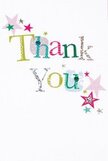 With a sense of joy as gentle as Charlton's winding paths, this thank you card seems crafted to lift spirits and brighten local days. The phrase 'Thank You' unfolds in a parade of playful letters-each unique, shimmering silver here, sunlit yellow or verdant green there, mixed with cool blues for balance. Delicate dots and faux stitching give the typography a handcrafted feel, akin to the loving arrangements made daily by Charlton's skilled florists. Around the central message, cheerful stars in pink, teal, and silver orbit softly, conjuring a festive yet calm mood-like the hush after laughter in a flower-filled conservatory tucked off The Village. The flawless white background provides room for each letter and star to stand out, flowing together effortlessly without clutter. The card's warmth and sincerity are tangible; a whimsical touch elevated by expert design, making it a perfect companion to a bouquet-a lasting token of appreciation from Charlton, meant for someone special. You can almost feel the gratitude radiate, as vivid and genuine as fresh blooms after delivery to a local doorstep.