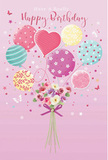 Delicate birthday illustration showing a playful bouquet of balloons lifting a small, romantic cluster of flowers, designed with the easy charm of a Charlton celebration. The background is a calm, dusty pink, giving the impression of a warm, welcoming space. From the centre springs a bunch of balloons in pastel shades-blush pink, sea green, lemon yellow, and lavender-gathered close together as if just released from a birthday table. Each balloon is decorated differently: some wear candy-like stripes that spiral upward, others are sprinkled with cheerful polka dots, while a heart-shaped balloon glows softly in the middle, adding a touch of loving sentiment. At the base, a hand-tied bouquet of roses and anemone-style blooms nestles together in creamy ivory, pale blush, and soft mauve. The petals are depicted with fine, feathery edges and gentle gradients of colour, giving them a plush, freshly opened look. A violet satin bow cinches the stems, its sheen captured in subtle highlights, echoing the feel of a carefully tied ribbon in a local Charlton shop. Tiny butterflies and starry specks drift around the arrangement, heightening the sense of magic and movement, as though the whole scene is gently floating above a birthday gathering. The light is soft and even, lending a gentle glow to both the balloons and the flowers, and the overall mood is one of sweetness, joy, and the quiet delight of being remembered on a special day.