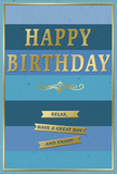 This image presents an elegant birthday card that blends soft blue tones with gleaming gold details, creating a calm yet festive mood that fits perfectly with a relaxed Charlton celebration. The entire background of the card is made up of generous horizontal stripes, arranged in a gentle ombre from deep navy at the bottom to lighter ocean, teal, and sky blues toward the top. These layered bands give the impression of depth and quiet movement, like watching the sky gradually brighten at dawn. Centered within this backdrop, the words HAPPY BIRTHDAY are embossed in prominent gold lettering. The uppercase letters are neatly spaced and slightly raised, catching the light so that they glimmer softly against the blues. Just below the main greeting, a decorative golden flourish stretches across the card in a smooth, symmetrical curve, adding an old-world touch that recalls classic invitations and carefully lettered notes. Beneath this flourish, three slim, embossed gold banners are stacked vertically. Each ribbon-like banner carries a part of the friendly message: Relax, have a great day and enjoy! The banners are precisely aligned, contributing to the card's sense of balance and care. A delicate gold border runs around the entire edge, framing the design with a final touch of refinement. The card stock looks smooth and weighty, with the raised gold areas adding a pleasing, tactile contrast. It's easy to imagine this birthday card standing next to a fresh bouquet delivered locally in Charlton, its peaceful colours and gentle words inviting the recipient to pause, breathe deeply, and savour their birthday in comfort and contentment.