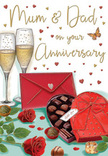The anniversary card artwork is drawn as a warm, inviting still life, full of romantic touches that feel familiar to anyone celebrating Mum and Dad in a Charlton home after a walk around the local green. At the heart of the design, two champagne flutes stand side by side, their elegant stems and clear bowls catching a gentle glow. Each glass holds a pale golden fizz, with tiny bubbles climbing upward as if captured just before a cheerful toast. In front of them, a heart-shaped chocolate box in a luxurious shade of red is opened to reveal neat rows of smooth, rounded chocolates, their surfaces softly highlighted. A generous scarlet bow adorns the box, its ribbon loops shaded to evoke soft satin that might brush your hand as you reach for a truffle. A few chocolates rest loosely on the table, creating a relaxed sense of sharing treats and conversation. Off to one side, two red roses lie nestled in lush green foliage. Their petals are velvety and full, rendered in deep ruby and crimson tones that echo a florist's finest anniversary stems, freshly arranged for a local delivery. Nearby, a closed red envelope sits at a slight angle, suggesting a handwritten message inside - perhaps stories of years spent raising children around SE7, or simple words of thanks to loving parents. Above and behind, a scattering of gold and crimson hearts drifts across the background, encircling the hand-lettered Mum & Dad greeting with playful romance. Altogether, the composition feels like a quiet, heartfelt celebration, capturing the sweetness, warmth, and enduring devotion that make an anniversary evening at home in Charlton so special.
